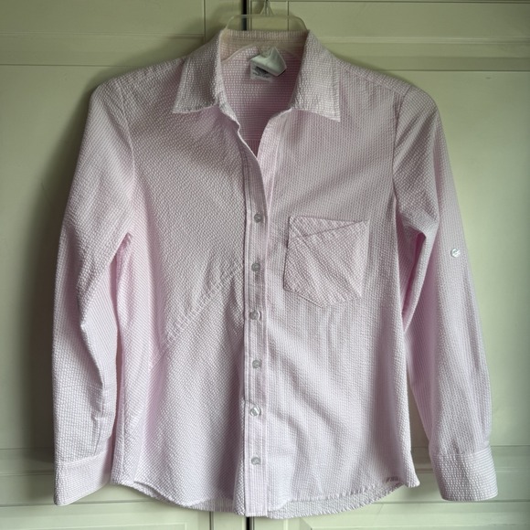 Finley Tops - Finley Seersucker Classic Pink Blouse Shirt Open Neck Womens Small Long Sleeve
